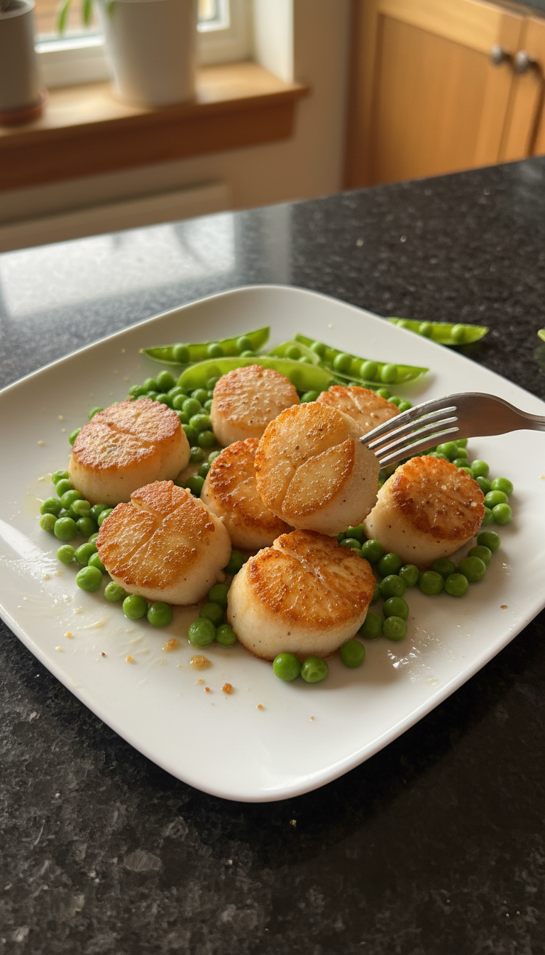 Crispy Seared Scallops with Peas