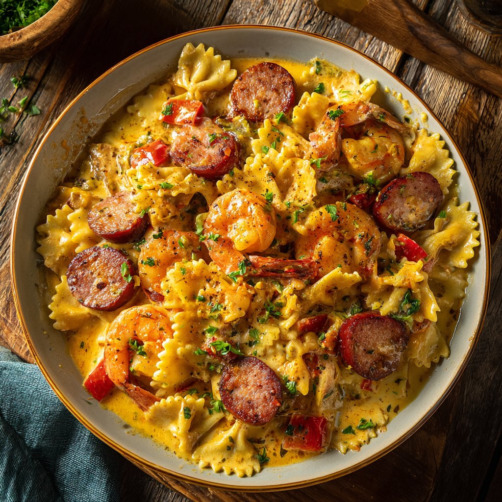 One Pot Cajun Sausage Pasta with Cajun Shrimp
